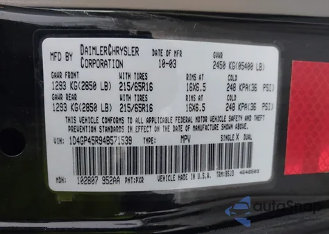 2004 Dodge Caravan Sxt from USA, damaged, VIN 1D4GP45R94B571539